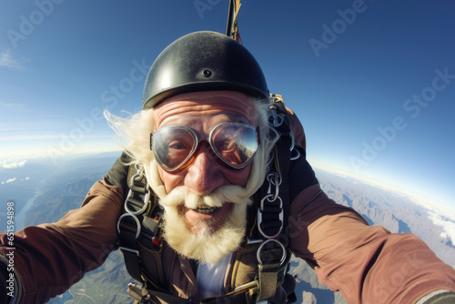 old man flies on parachute, extreme sport concept, active lifestyle