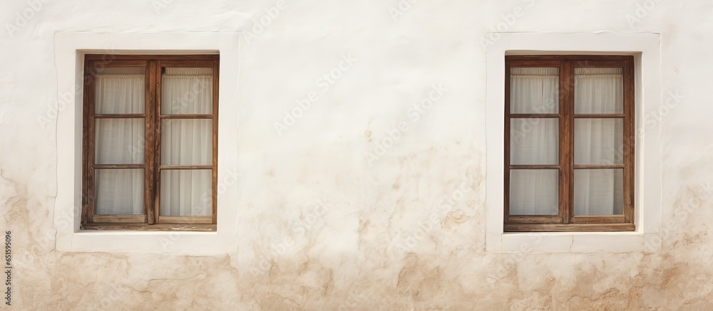 The photo shows two wooden windows with contrasting size and color against a white wall creating visual appeal The photo shows two wooden windows with contrasting size and color against a white wall creating visual appeal