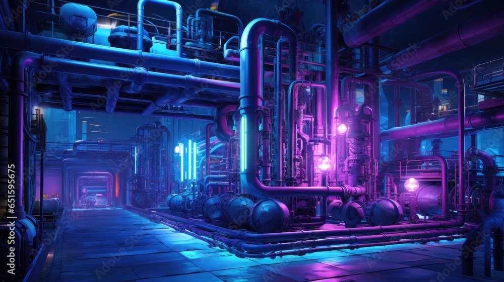 Pipes and valves in the factory background. Pink purple and violet blue color cyberpunk theme. Innovation technology and business industrial concept. - obrazy, fototapety, plakaty 