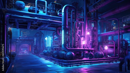 Pipes and valves in the factory background. Pink purple and violet blue color cyberpunk theme. Innovation technology and business industrial concept.