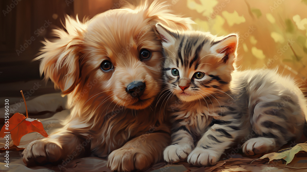 Golden retriever puppy and cut cat