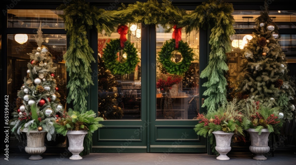 Christmas shop window decorated background. New Year's design decor for stores. Festive mood. Christmas and New Year sales concept. Stylish decoration storefront with garland lights and fur trees.