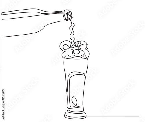 The process of pouring beer into a glass. Pours beer from a bottle into a glass. Line art, vector continuous line drawing. Black and white illustration.