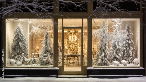 Christmas shop window decorated background. New Year's design decor for stores. Festive mood. Christmas and New Year sales concept. Stylish decoration storefront with garland lights and fur trees.