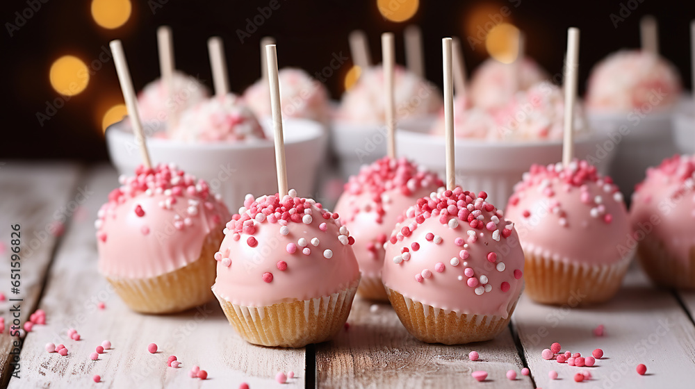 Dessert on a stick in pink cream with a sprinkle. Cake pops cut among whole desserts. Tasty food.