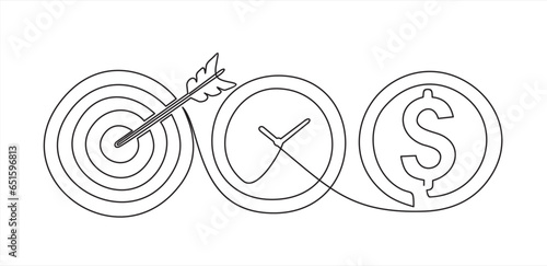 Continuous one line drawing of dollar sing,dart board and clock.  Startup idea creative imagination jackpot highest point goals and winning education or business success.