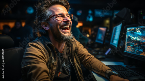 Exuberant programmer ecstatically pumping fist in triumph, surrounded by a computer keyboard and code, embodying sheer enthusiasm and skill in software development.