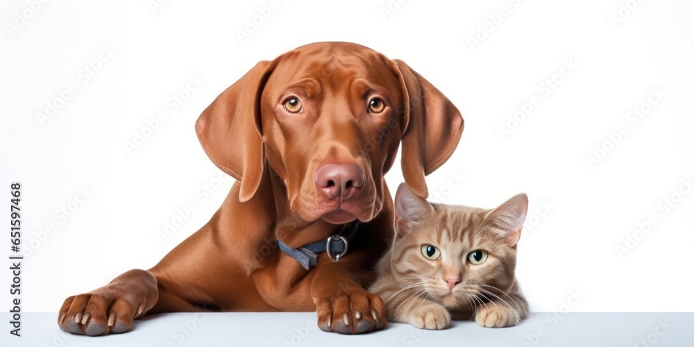 Happy pets. Hungarian vizsla dog and red kitty on white background. Banner design