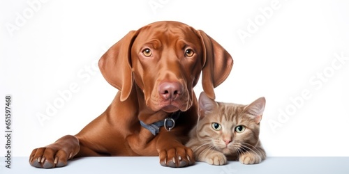 Happy pets. Hungarian vizsla dog and red kitty on white background. Banner design