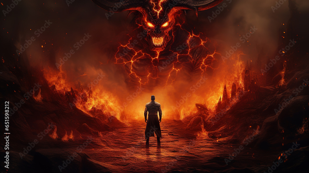 A demon with horns stands in hell among the flames A demon with horns stands in hell among the flames