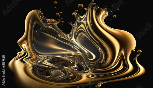 The drips of liquid metal on black background. Drops and specks of gold. Metal background.