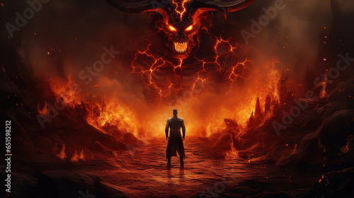 A demon with horns stands in hell among the flames