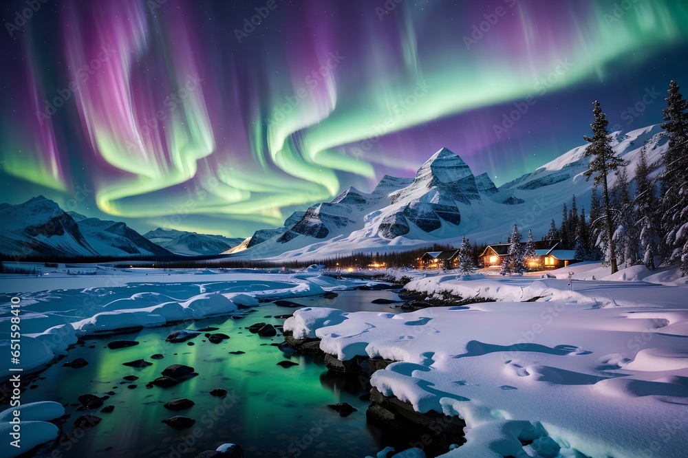 Aurora Borealis or Northem Light green and purple in the night sky, 
Aurora view in winter snowy mountain Landscape. Northem Light scene 
with Lake reflection.