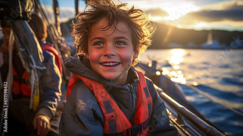 Captivating hopeful sailor, with open, optimistic eyes expecting great marine adventures off Scotland's majestic coast on his encouragingly vibrant boat. photo