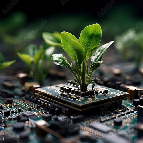small plant growing on the computer motherboard processor to showcase the adapting nature with technology