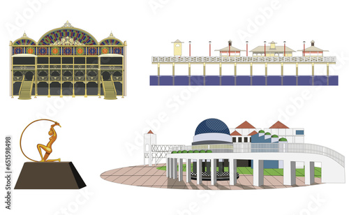 Set of vectors of famous places from Fortaleza city , Ceara,in Brazil. Including tourists spots like a theater, planetarium and artistic center, pier and a statue of a iconic character.