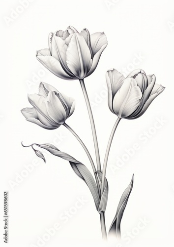 black and white pencil drawing of tulips