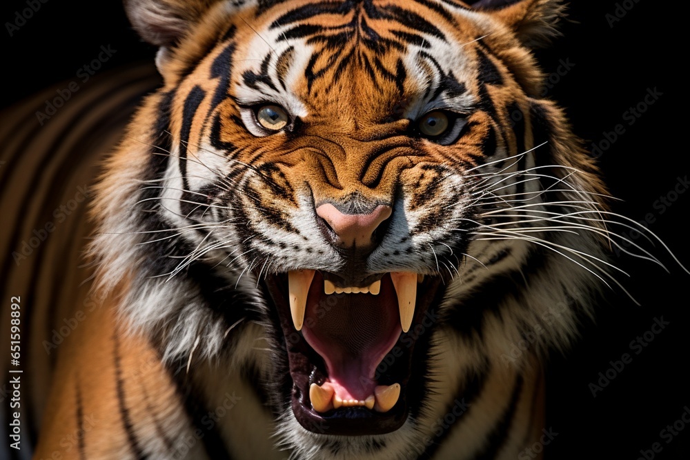 portrait of tiger face, roaring, closeup