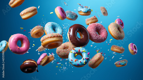 flying doughnuts scene - mix of multicolored sweet donuts with sprinkel on blue background