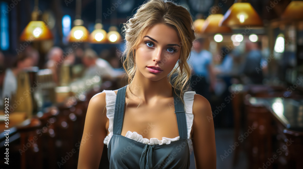 Bewildered waitress with a tray, her face showing a fascinating blend of confusion and puzzlement in a snapshot of restaurant staff perplexity. Bewildered waitress with a tray, her face showing a fascinating blend of confusion and puzzlement in a snapshot of restaurant staff perplexity.