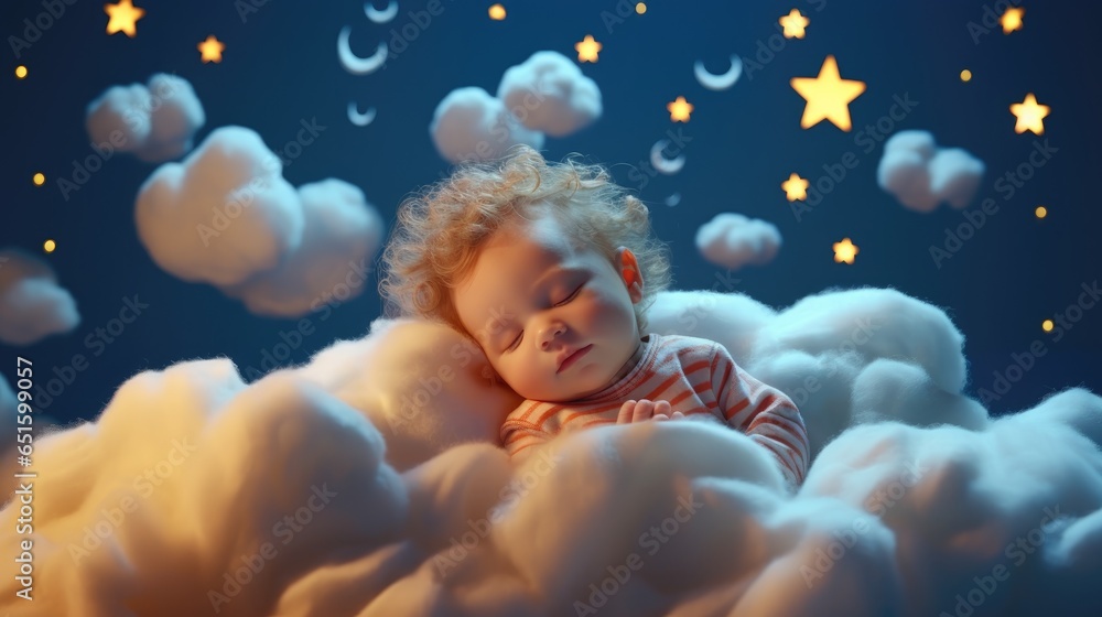 a boy baby kid child sleep at night on cloud with stars lullaby concept relax a boy baby kid child sleep at night on cloud with stars lullaby concept relax
