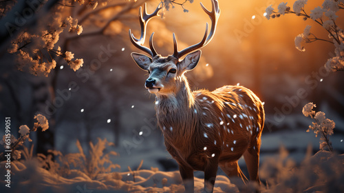 Golden Reindeer Morning Calm, giant golden reindeer, bathed in golden light in a snow-covered forest on a sunny morning © Ruwan