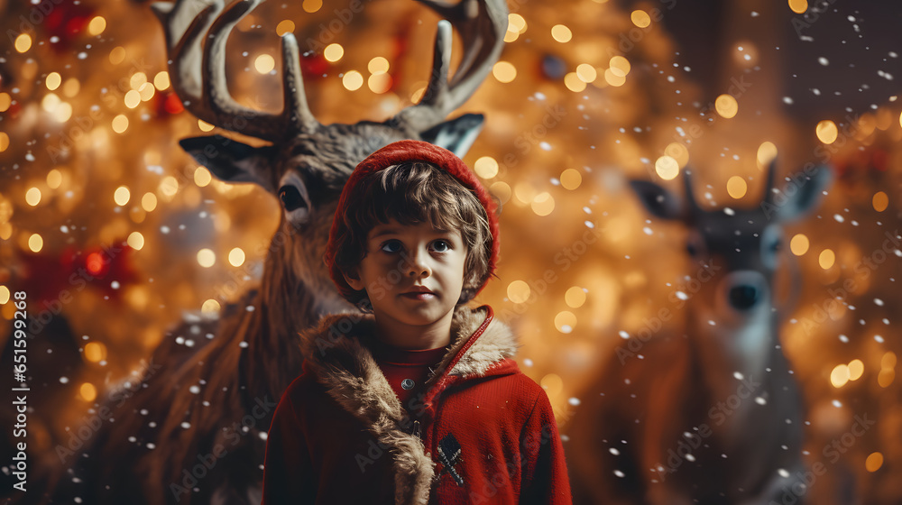 boy with santa hat hugging a reindeer, friendship and love concept at christmas boy with santa hat hugging a reindeer, friendship and love concept at christmas
