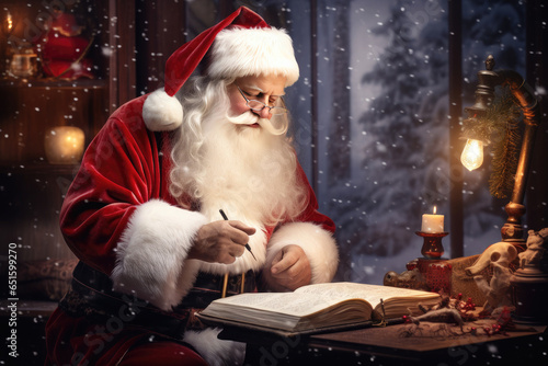 Santa Claus reads children's letters against a beautiful snowy Christmas background. Beautiful magical Christmas atmosphere. Christmas mood! Happy New Year and Merry Christmas