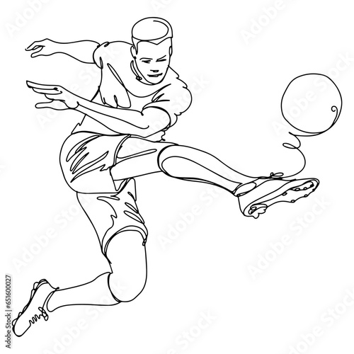 A vector illustration drawing showing the moment when a football player plays with a football ball. Continuous line drawn illustration. on isolated white background.