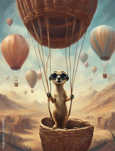 A meerkat flies on a hot air balloon. Generative AI.