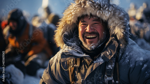 Enthralling, elated Inuit fisherman joyfully rejoices in arctic fishing triumph on sea ice. Jubilant expression captures ecstatic and blissful moment of thrill.