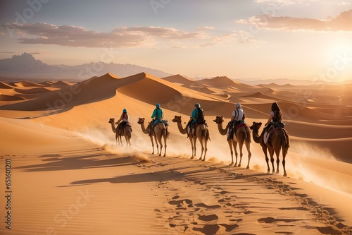 Desert landscape with blue sky and sunrise on horizon with cactus and plant  People and camel walking on the sand dune scenery in very hot day.