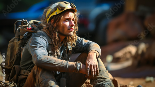 Dramatic depiction of an anxious rock climber in Boulder, Colorado. High tension and worry evident, highlighting nervous mountaineer with essential climbing gear.