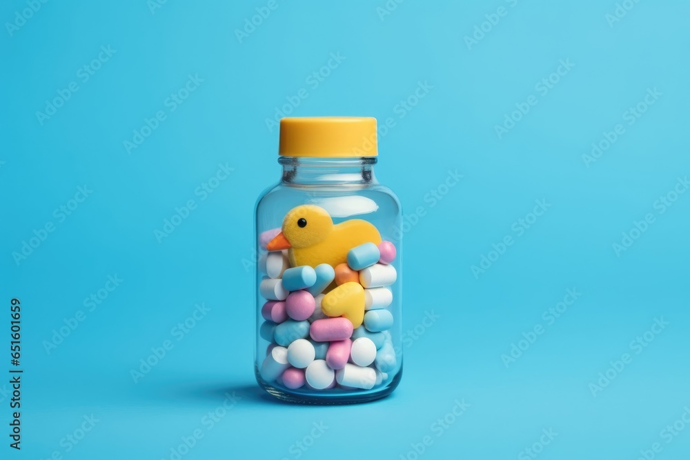 Colorful capsules in glass bottles set on blue background, medicine health concept in hospital Colorful capsules in glass bottles set on blue background, medicine health concept in hospital