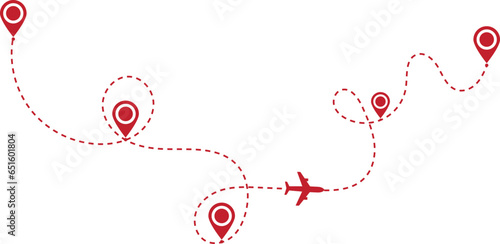 Travel icons, red location pins, dotted line path, airplane silhouette, minimalist design, white background, journey map, destination markers, flight route illustration