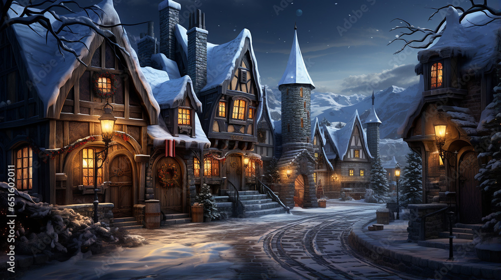 Christmas houses decorations, snowy background