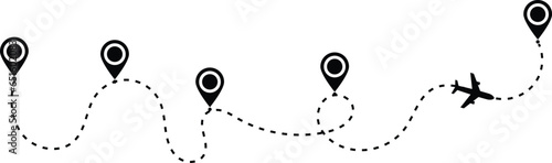 Airplane path in a dotted line shape. Airplane line routes set. Moving office sign. Map, Home, route, GPS distance, roadmap, Aircraft tracking. location pins isolated
