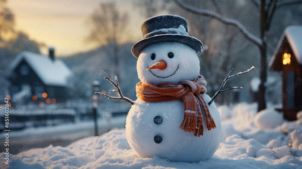 Obraz premium snowman in winter, snowflakes, Christmas background, hollyday snow event wallpaper
