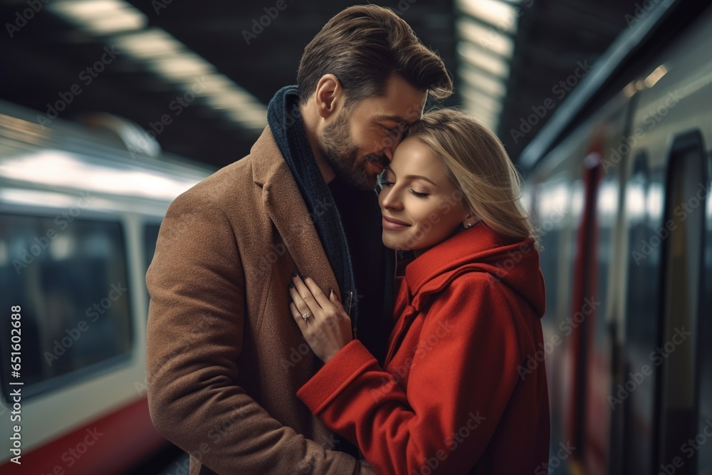 A couple of lovers hug each other saying goodbye on a subway platform. A couple of lovers hug each other saying goodbye on a subway platform.