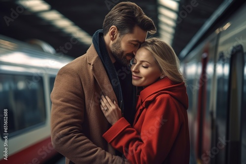 A couple of lovers hug each other saying goodbye on a subway platform.