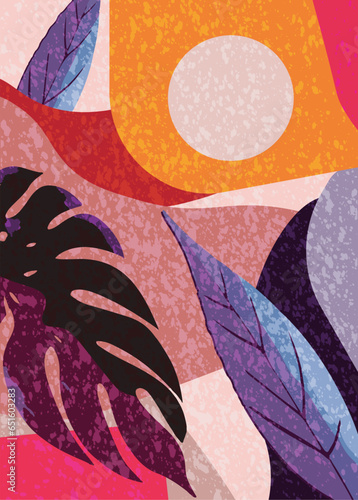 Abstract tropical leaves. Art to put on the wall or in other places. Warm colors and cold colors. Vector illustration.