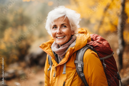 Portrait of mature senior woman hiking in autumn forest   concept of travel lifestyle adventure active vacations outdoor and healthy with fall leaves colors