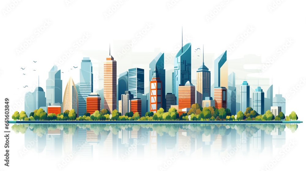 A graphic image of a city skyline where there are many skyscrapers. Buildings of various shapes and heights build a metropolitan city.