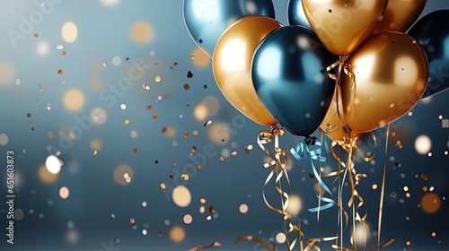 Holiday background with golden and blue metallic balloons, confetti and ribbons. Festive card for birthday party, anniversary, new year, christmas or other events
