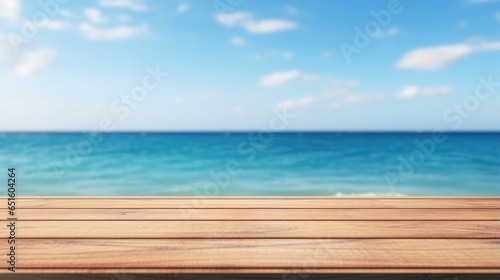 empty wooden table for display product with blue sea water background