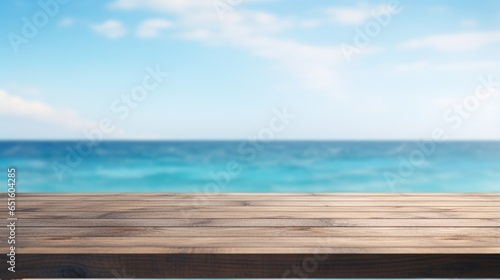 empty wooden table for display product with blue sea water background