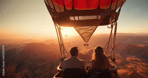 Ein Pärchen bei einer Ballonfahrt über einer Wüste im Abendlicht, orientalische Stimmung photo