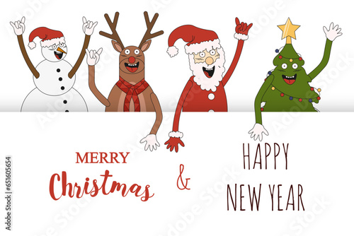Horizontal Christmas banner template design. Vector santa, reindeer, xmas tree and snowman. Vector Christmas character. EPS 10