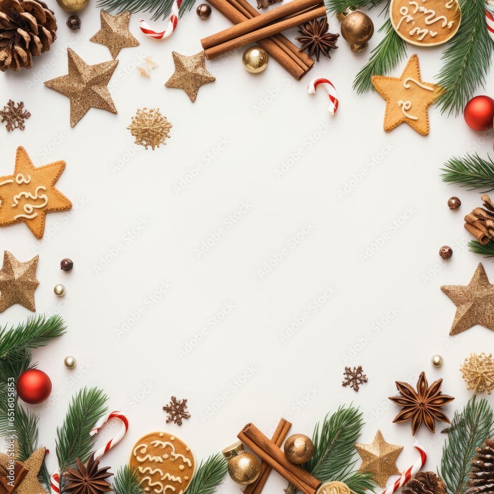 Christmas frame flat lay top view. Holiday Christmas decorations on border frame background with center blank. Frame with New year ornaments. Christmas frame flat lay top view. Holiday Christmas decorations on border frame background with center blank. Frame with New year ornaments.