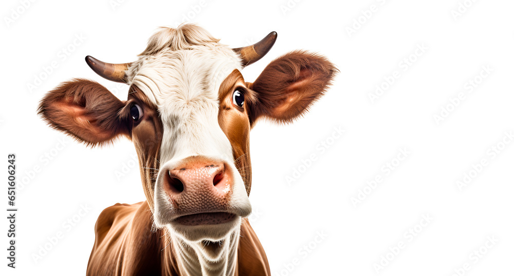 red,brown healthy, cute cow with a surprised curious look and open mouth looking at the camera, isolated on a white background with copy space. red,brown healthy, cute cow with a surprised curious look and open mouth looking at the camera, isolated on a white background with copy space.